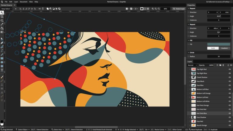 Screenshot of a vector graphic editor creating abstract profile art of a woman using flat colors in Graphite app
